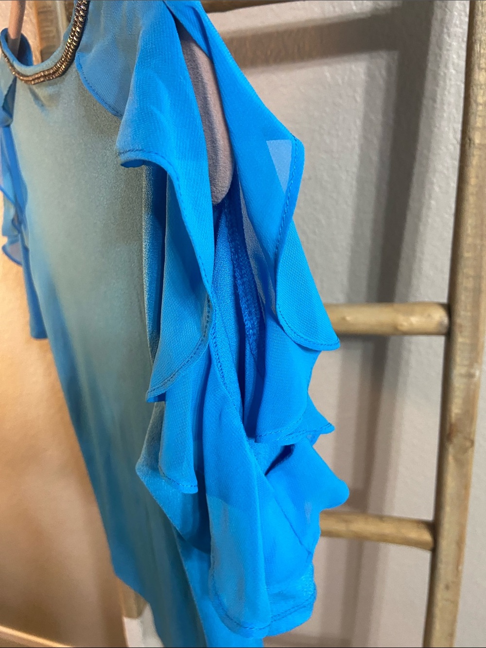 Crystal-Trim Ruffle Sleeve Top - Blue - Picture 3 of 4